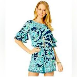 Lilly Pulitzer Lula Romper Shorts High Tide Navy Scuba Doo Floral Size M
